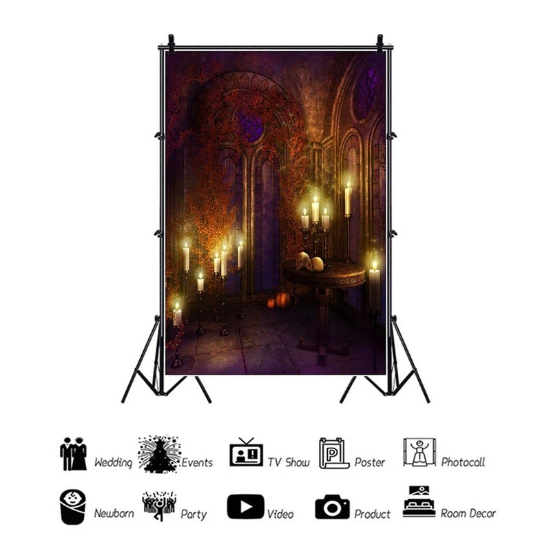 AOFOTO 4x6ft Vintage Dim Gothic Room Background Halloween Scary Skull Photography Backdrop Haunted Castle Interior Burning Candles Candlestick Fall Vines Ivy Photo Studio Props Girl Boy Kid Portrait - Image 3
